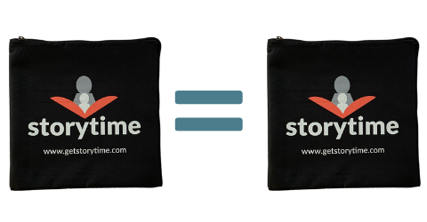 Picture of two Storytime book club sustainable shipping bags with an equals sign between them symbolizing Storytime's 1 for 1 giveback program.